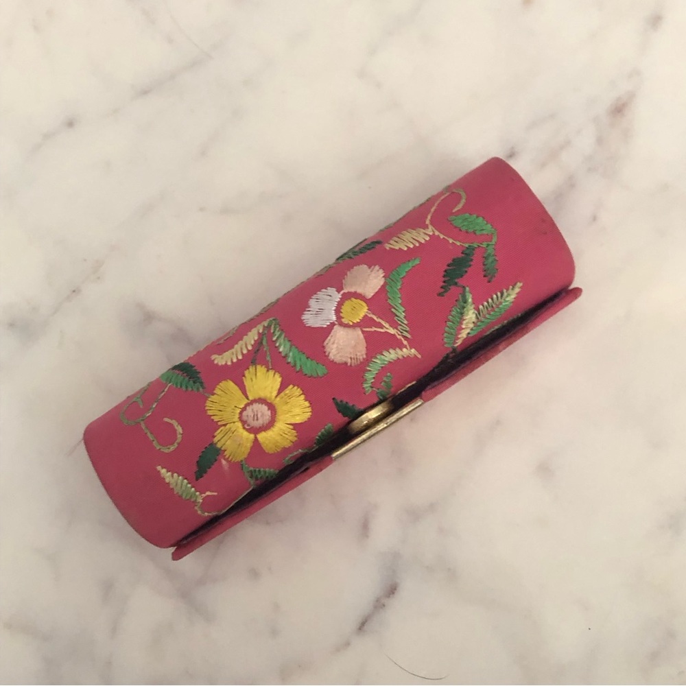 Pink Embroidered Floral Lipstick Case